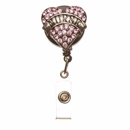 Badge Holder-Nurse-Crystal Heart-Rose/Silver (Pull-Reel)
