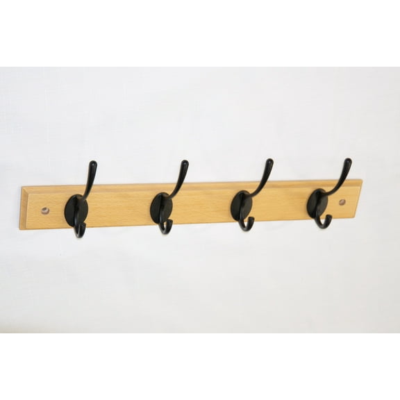 James Hardware 4-Hook Wall-Mounted Coat Hook Rail and Hook Rack with Accessories, Beech Wood Backplate, Zinc Alloy Hooks, Satin Chrome Finish, 14.2 in, 1-Pack