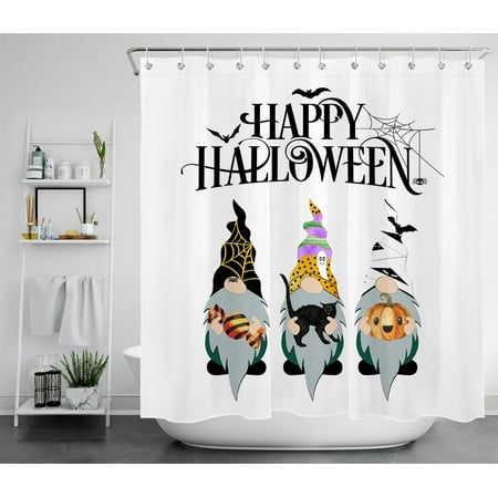 HVEST Halloween Gnome Shower Curtain, Candy Black Cat Pumpkin Farmhouse Autumn Shower Curtain, Happy Halloween Waterproof Polyester Fabric Fall Bathroom Decor with 12 Hooks, 72x78 Inches