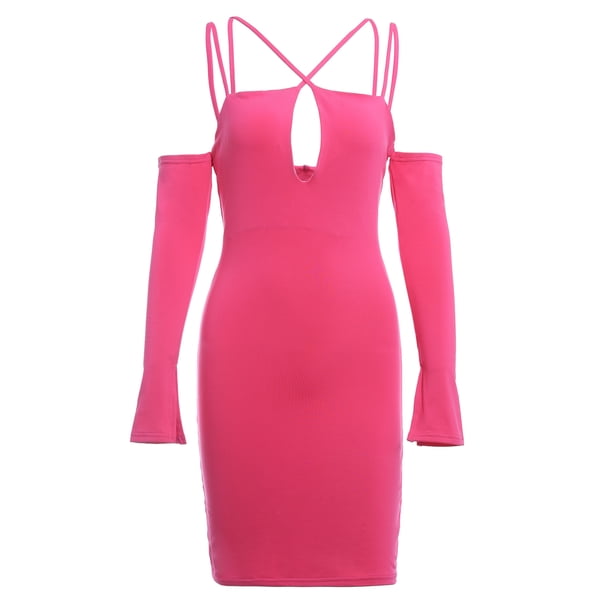 VISgogo Vestido ajustado de manga larga para mujer, correa de espagueti ahuecada Color sólido Cremallera trasera Fiesta de noche Club Boda de una sola pieza VISgogo moda