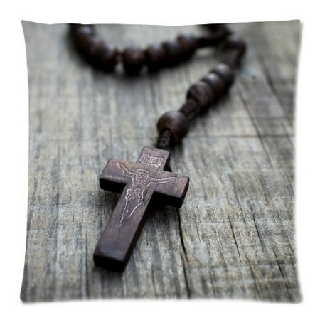 Zippered Rosary Case - ARTJIA A Rosary Cross on Wooden Background Picture Zippered Throw Pillow Cover Cushion Case 18x18 inches Two Sides Printing