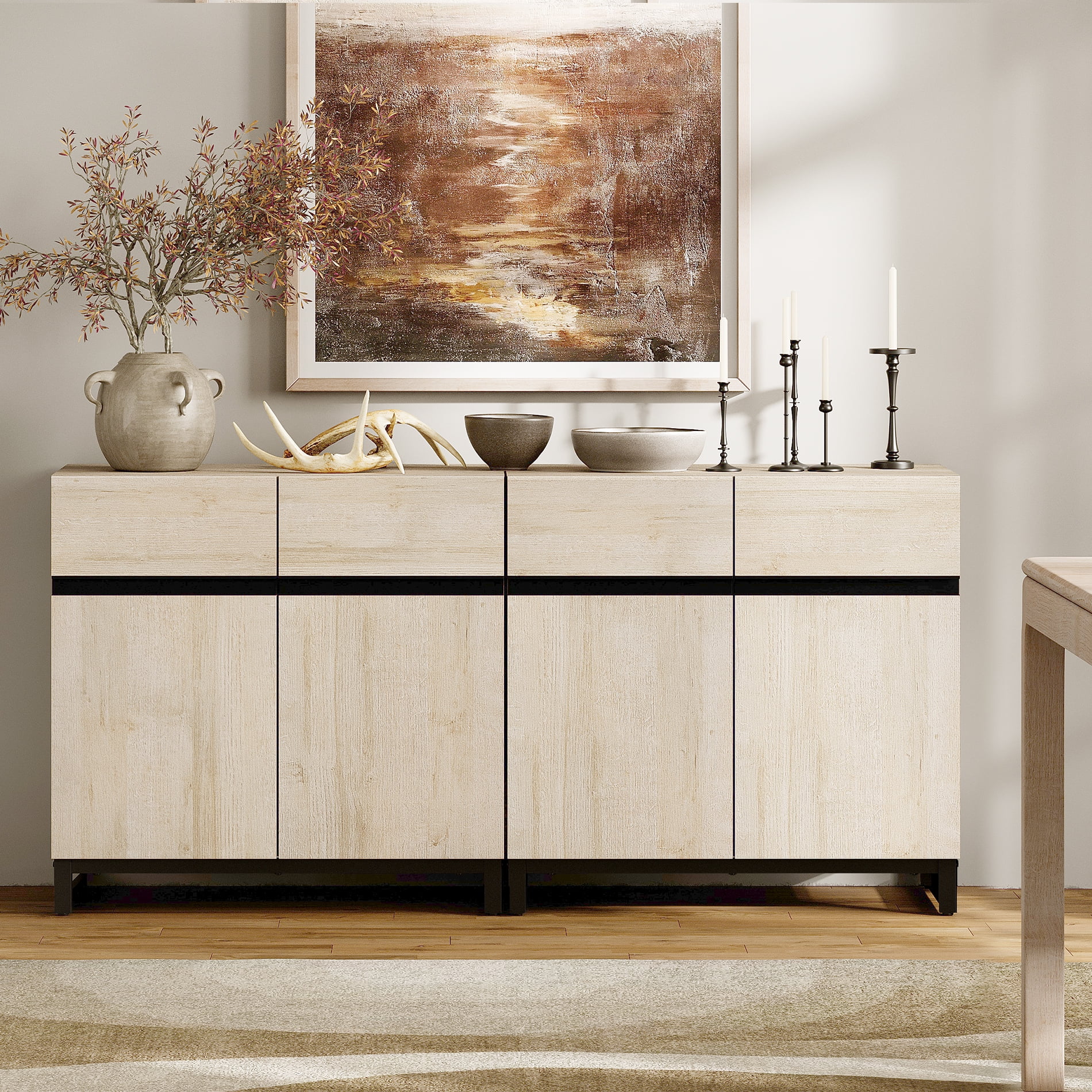 63"Modern 2-in-1 Multifunctional Sideboard Buffet with Adjustable Shelf & Metal Base, Wood Grain,Beige