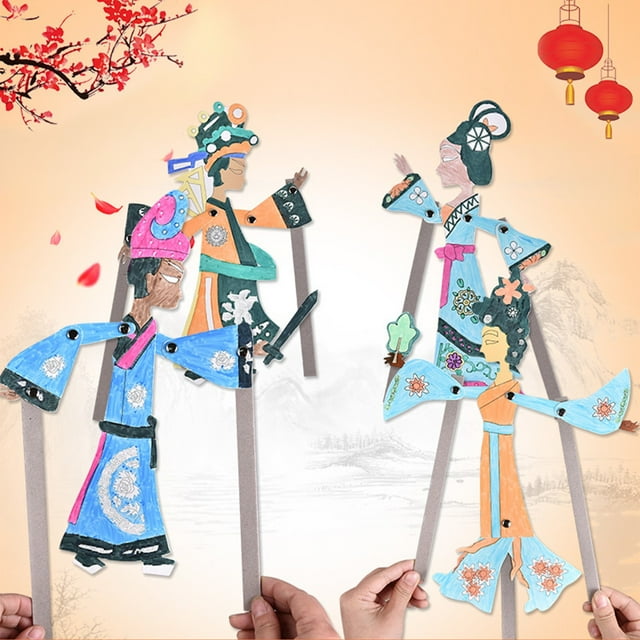 Kit de manualidades de títeres de sombras de cultura popular tradicional | Marionetas de mano de PVC para niños | Juguete interactivo de arte y narración para padres e hijos | Colores azul, amari