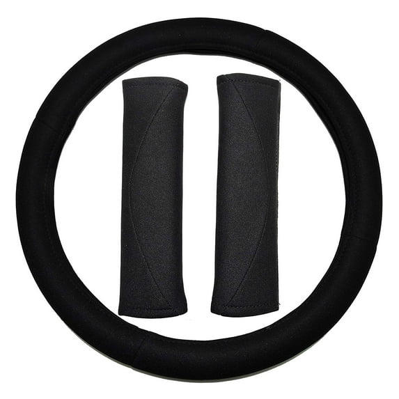 U.A.A. Inc. 3pc Black Steering Wheel cover & Seat Belt Shoulder pads Set Universal-Fit for Car Truck SUVs Van