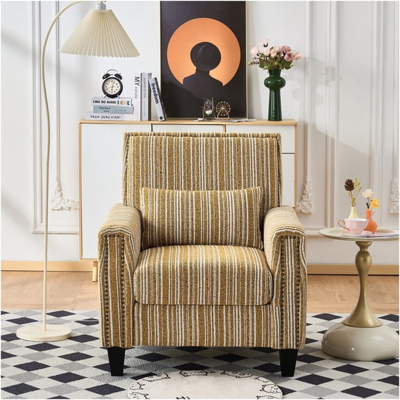 JERFIT Modern Striped Accent Chair with Nailhead Trim, Upholstered Armchair with Foam Padding and Solid Wood Legs for Living Room, Bedroom, Office in Yellow