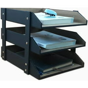 Black 3Tiers PU Leather 3-Tier Desk File Organizing Shelves, Stackable Letter Tray Holder for Office Supplies, Paper,