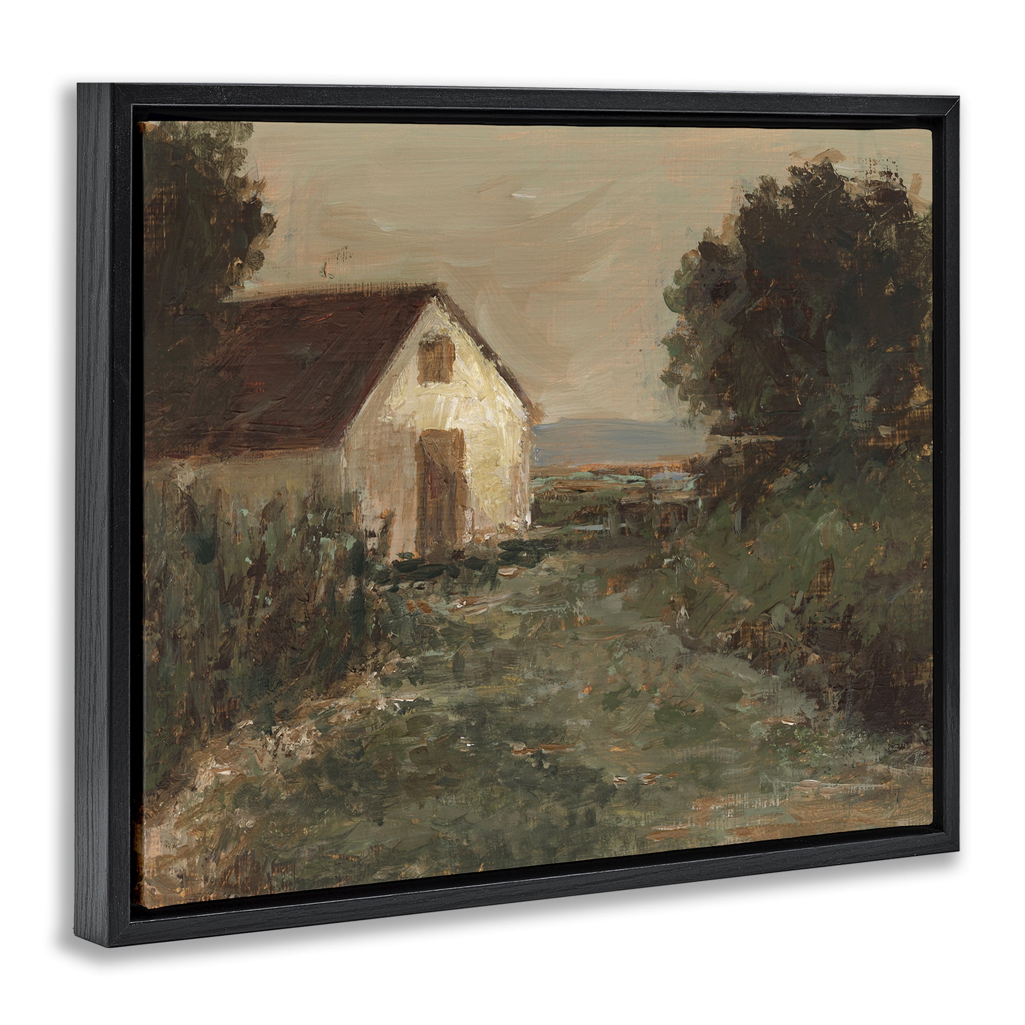 Stupell Industries Traditional Cottage by Sea Landscape & Nature Painting Black Floater Framed Canvas Art Print Wall Art, 21 x 17
