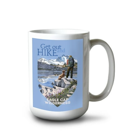 

15 fl oz Ceramic Mug Eagle Cap Wilderness Oregon Hiker and Dog Get out and Hike Contour Dishwasher & Microwave Safe