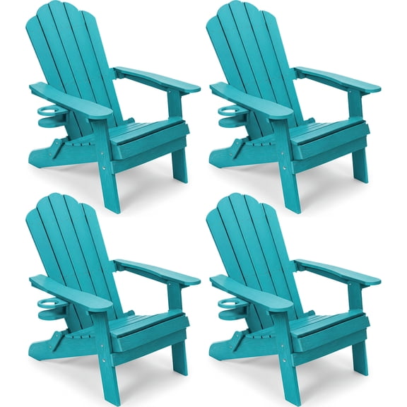 JEKO&JEKO Folding Adirondack Chair Set of 4 with Cup Holder, HIPS All-Weather Outdoor Chair for Patio, Garden, Backyard, Deck – Aruba Blue
