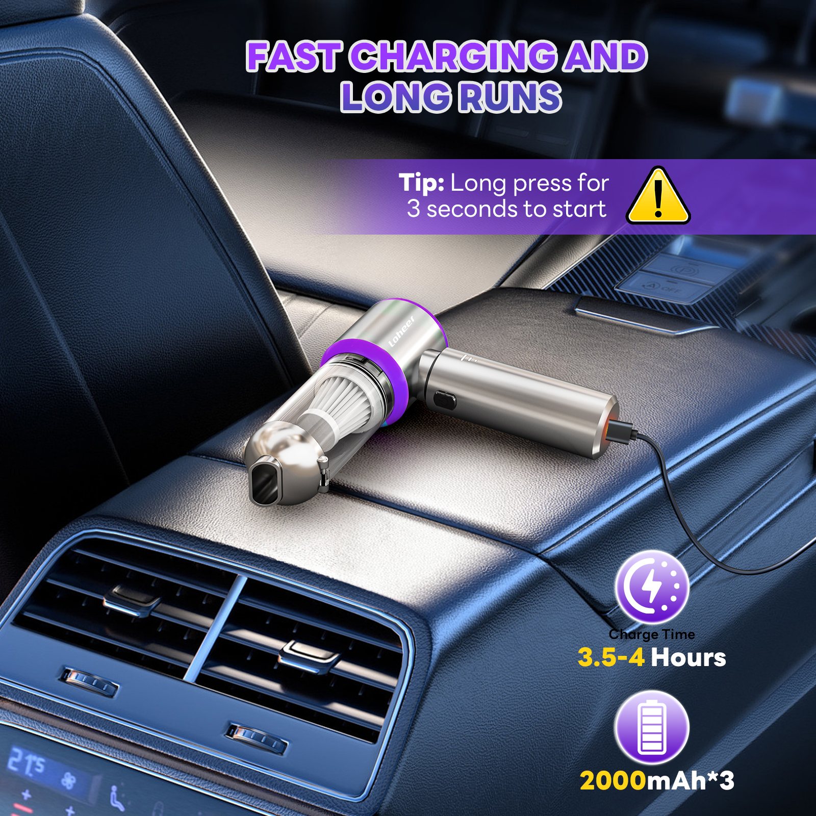 Car Vacuum Cleaner Portable Cordless with Brushless Motor, 15000PA High Power Handheld Vacuum, 4-in-1 Compressed Air Duster for Home Pet Hair, Purple