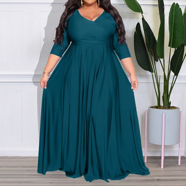 Evening Party Sexy Solid Color V-Neck High Waist Three Quarter Sleeve Pullover Maxi Princess Dress Plus Size Women's ClothingXL Gao Jinjia LED