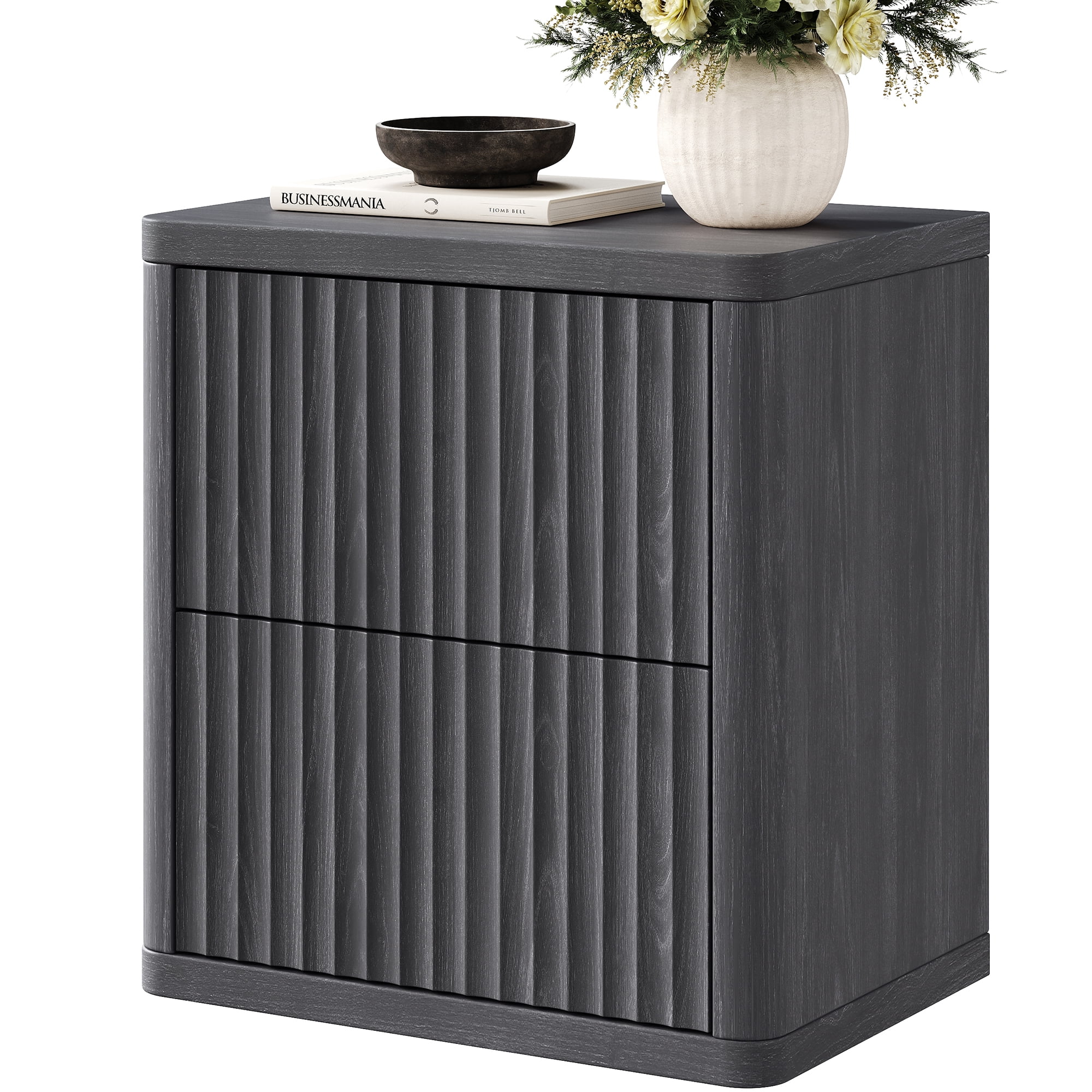 SICOTAS Fluted 2 Drawer Nightstand, 22.75" W Small Modern Bedside Table with Large Handless Drawers, Curved Edge Design, Wooden End Table for Bedroom, Living Room, Black Alder