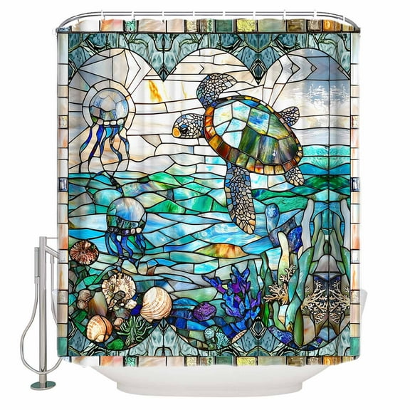 Extra Long Shower Curtain 72x96 Inch, Stained Glass Sea Turtle Shower Curtain Waterproof Bathroom Decor Summer Coastal Ocean Jellyfish Fabric Bath Curtain Set Accessories with Hooks