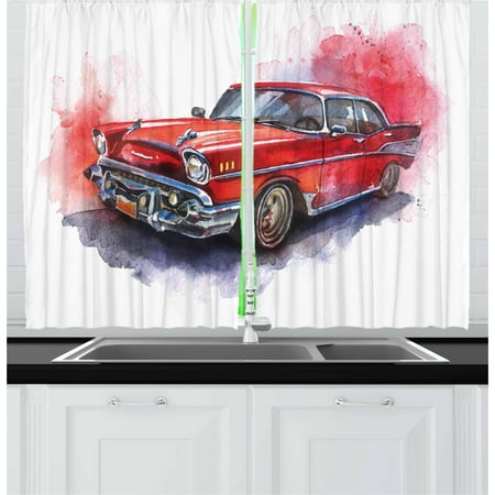 Cac Antique (Watercolor Curtains 2 Panels Set, Hand Drawn Old Fashioned Car Antique Vehicle Retro Outdated Abstract Artwork, Window Drapes for Living Room Bedroom, 55W X 39L Inches, Red Dimgrey, by)