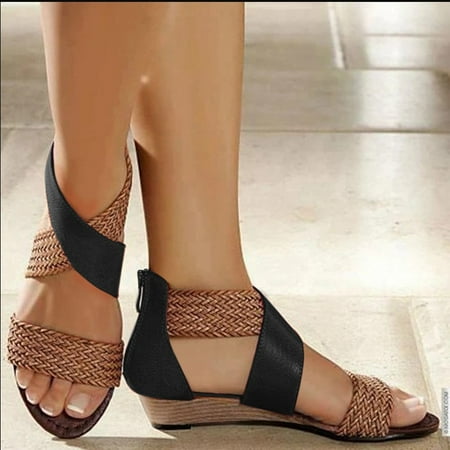 

〖Yilirongyumm〗 Black 43 Sandals Women Beach Roman Shoes Sandals Sandals Heel Women Weave Casual Shoes Zipper Wedge Women s Sandals