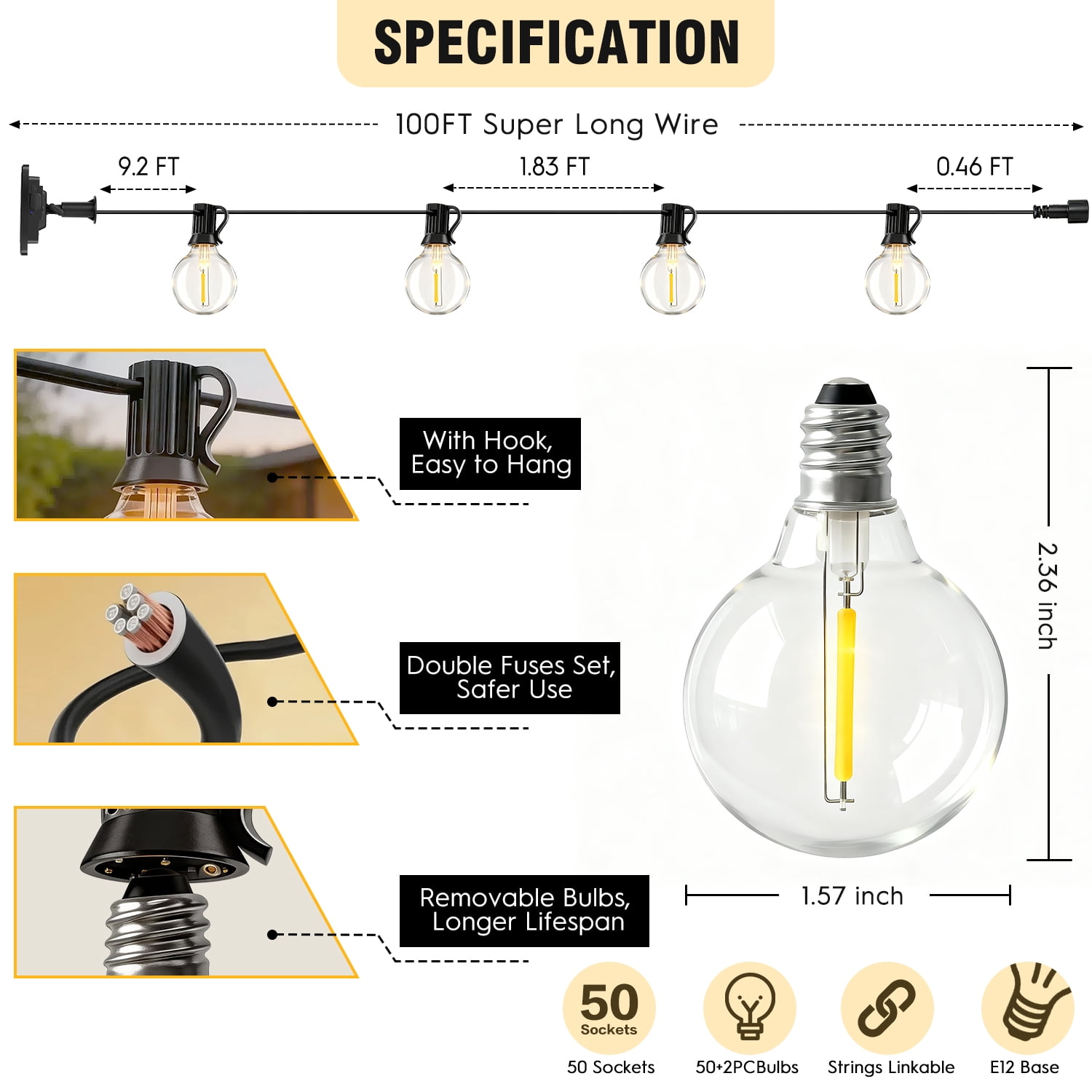 Mibote Solar Outdoor String Lights, 100FT 50 G40 Bulbs Shatterproof Patio Lights,IP44 Waterproof,Dimmable ,Remote Control for Patio Garden