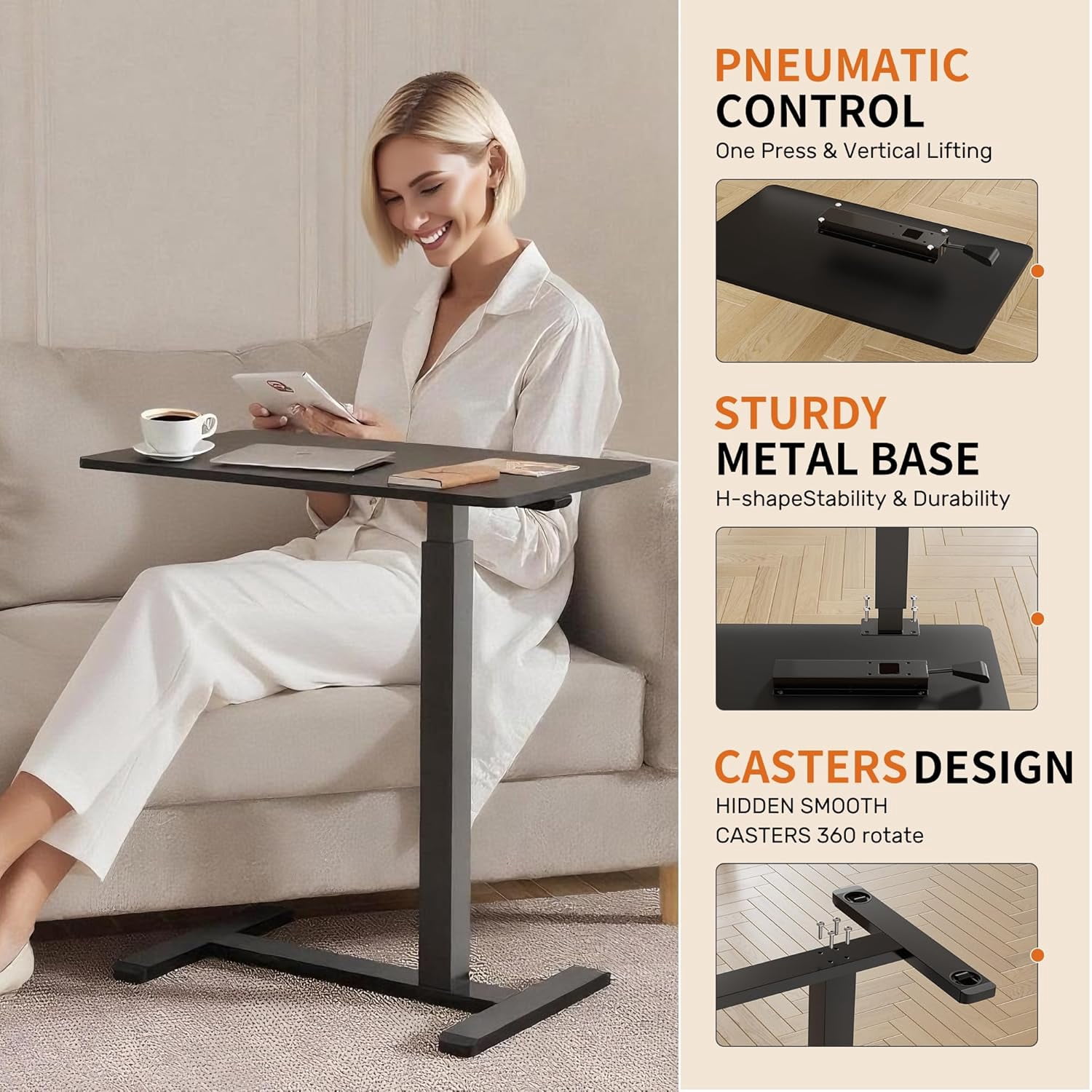 JessieMal Mobile Standing Desk with Wheels,Pneumatic Laptop Desk Height Adjustable,Rolling Teacher Overbed Bedside Table for Home,Office,Classroom,Black