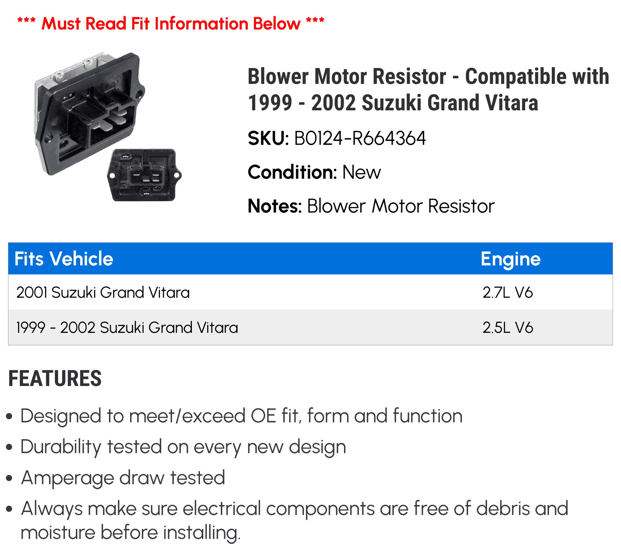 Blower Motor Resistor - Compatible with 1999 - 2002 Suzuki Grand Vitara 2000 2001