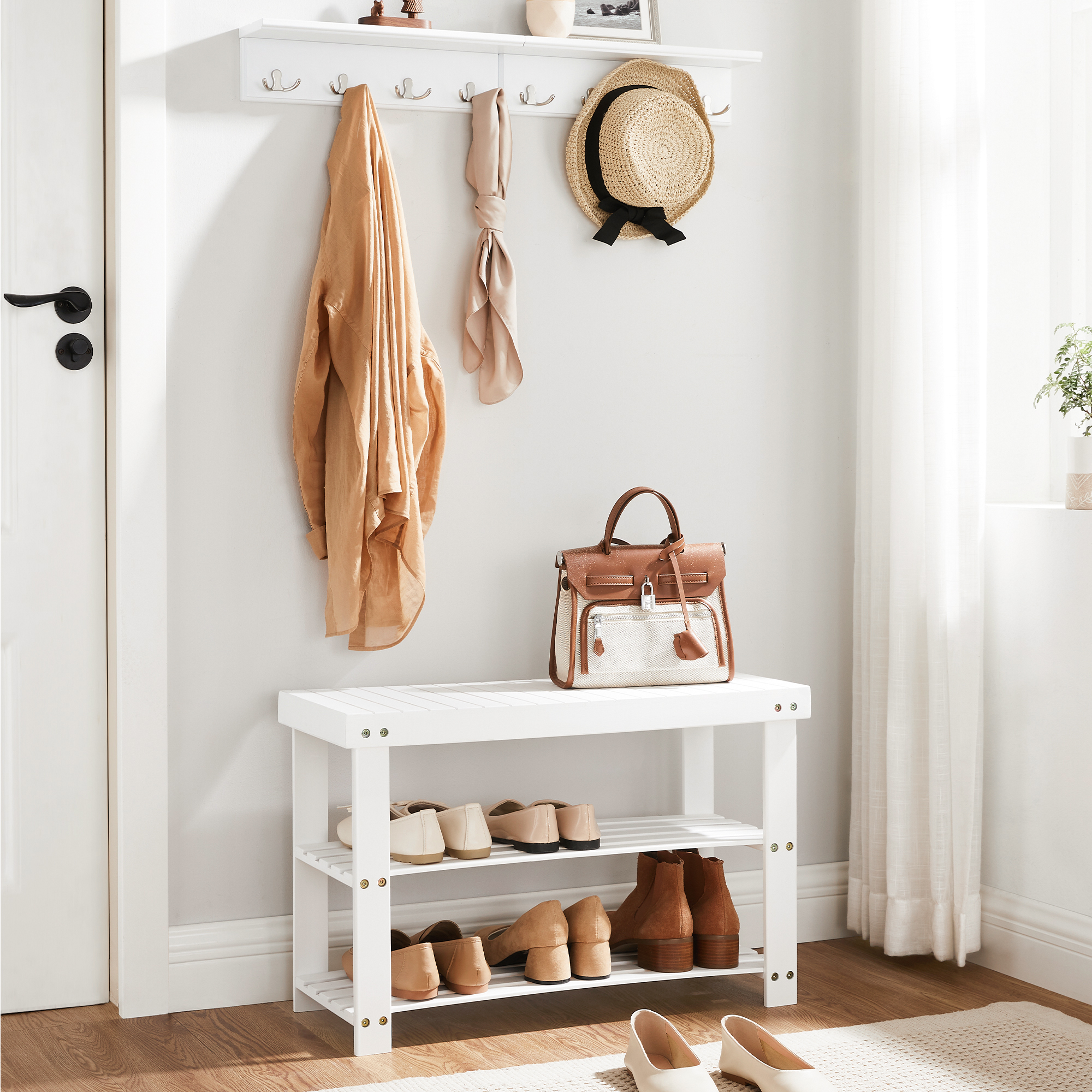 Songmics 3-Tier Bamboo Shoe Rack Bench, White photo 2