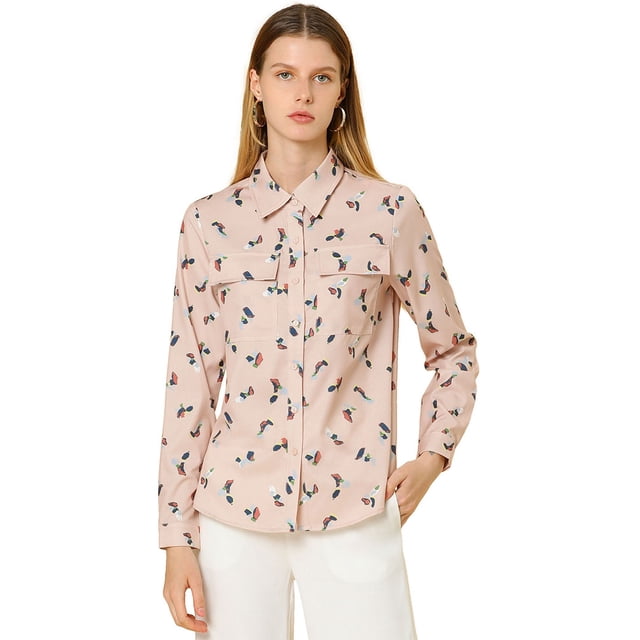 Allegra K Camisa Casual Con Bolsillos En El Pecho Estampado Geométrico Abstracto Mangas Largas Cuello Puntiagudo Con Botones Para Mujer Rosa XL