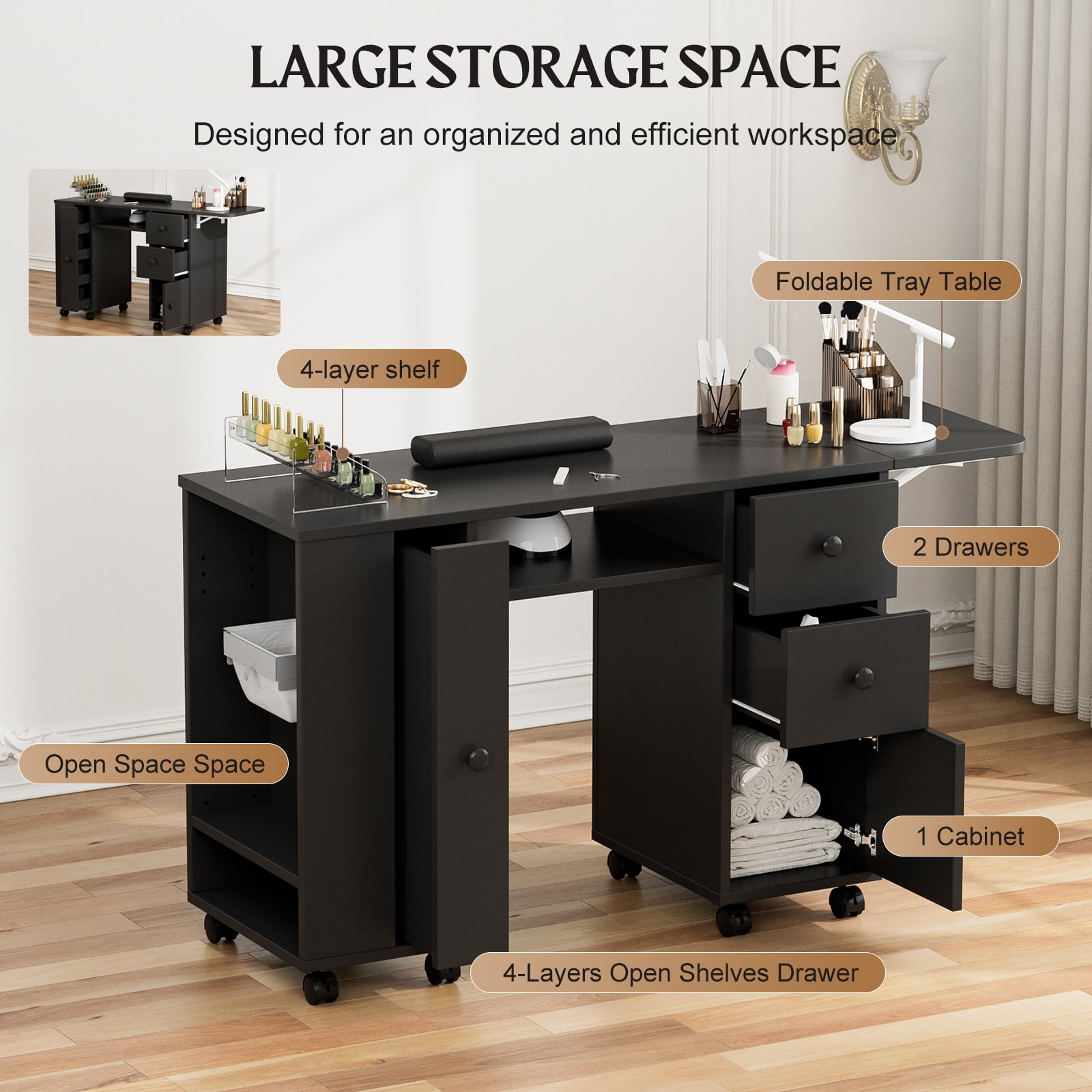 Manicure Station with Storage Drawers and Cabinet, Nail Tech Table with Foldable Tabletop, Nail Station with Lockable Wheels, Wrist Cushion, Nail Organizer & Foldable Trash Rack(Black)