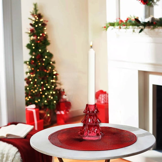 Candelabro de Cristal Rojo con Forma de Árbol de Navidad | para Velas de Pilar de 7,2 Cm o Velas Aromáticas | Adorno Navideño para La Mesa | Regalo