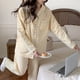 thumbnail image 5 of Conjunto de pijamas lindo crema amarillo a cuadros patrón de corazón manga larga frente abierto ropa de dormir casual suelta, 5 of 8
