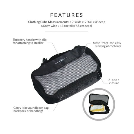 Obersee Diaper Bag Organizer Clothing Cube | carry handle with clip for easy attachment to Baby Stroller | Black