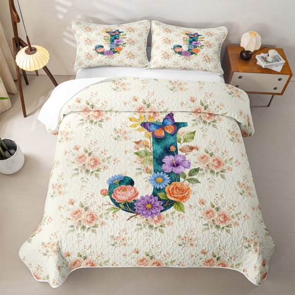 Feelyou Butterfly Letter J Twin Quilt Set for Women Girls, Retro Watercolor Floral Twin Coverlet Set, Multi-Color, 2pcs