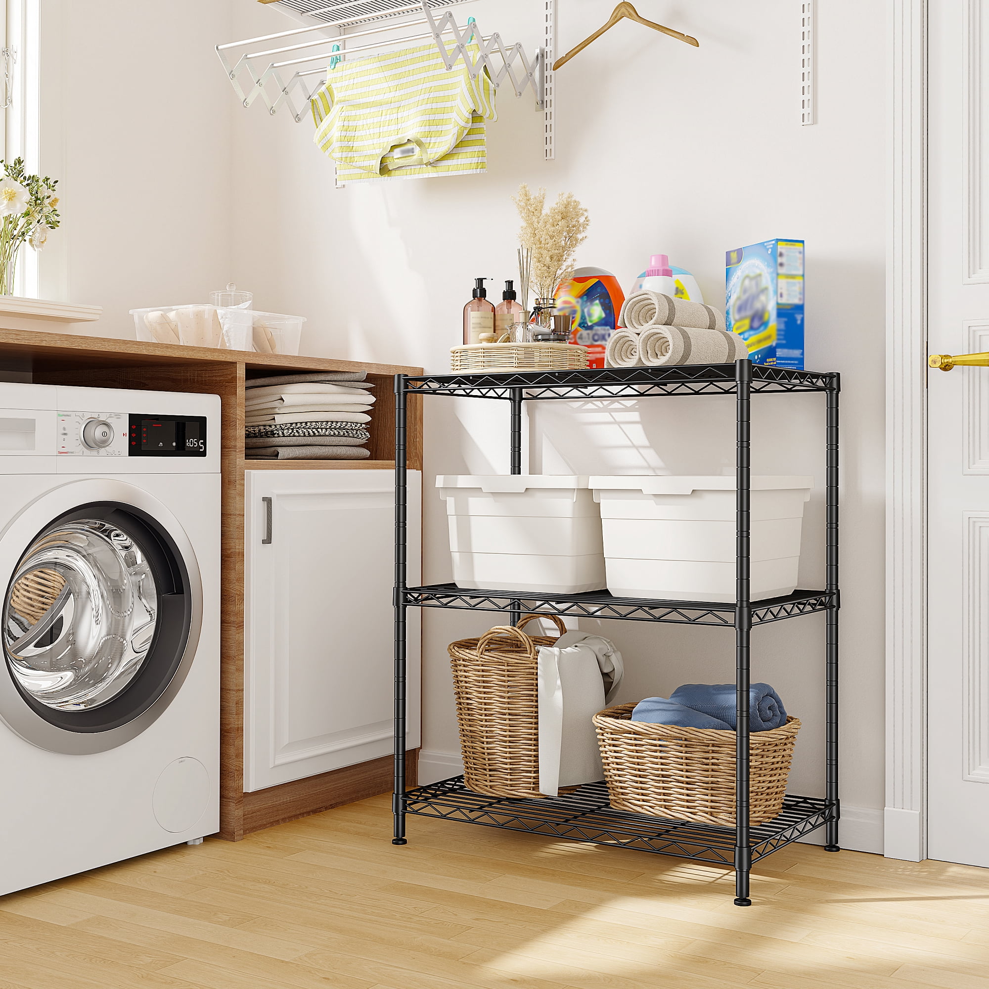 REIBII 3 Tier Wire Shelving Unit,24"W Adjustable Metal Storage Rack,Multipurpose Shelf for Kitchen,Laundry,Bathroom,Black