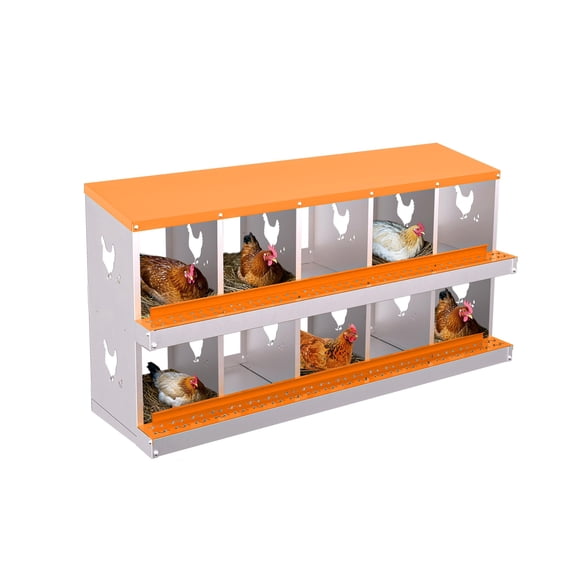 Chicken Nesting Boxes, 10-Hole Roll Away Nest Box for Chicken Coop, Metal Egg Laying Box with Lid Cover to Protect Eggs, Rollout Egg Collection, Vented Holes, for Outdoor Chicken Coop Orange