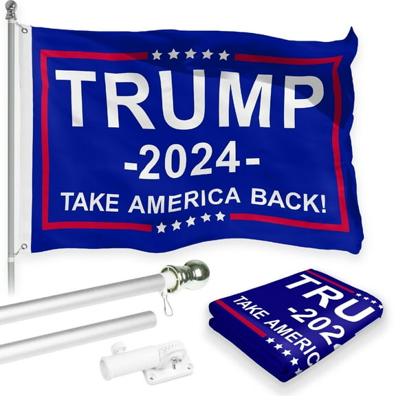 G128 Combo Pack: Flag Pole 6 FT Silver Tangle Free & 2024 "Take America Back" Blue Flag 3x5 FT Printed 150D Polyester