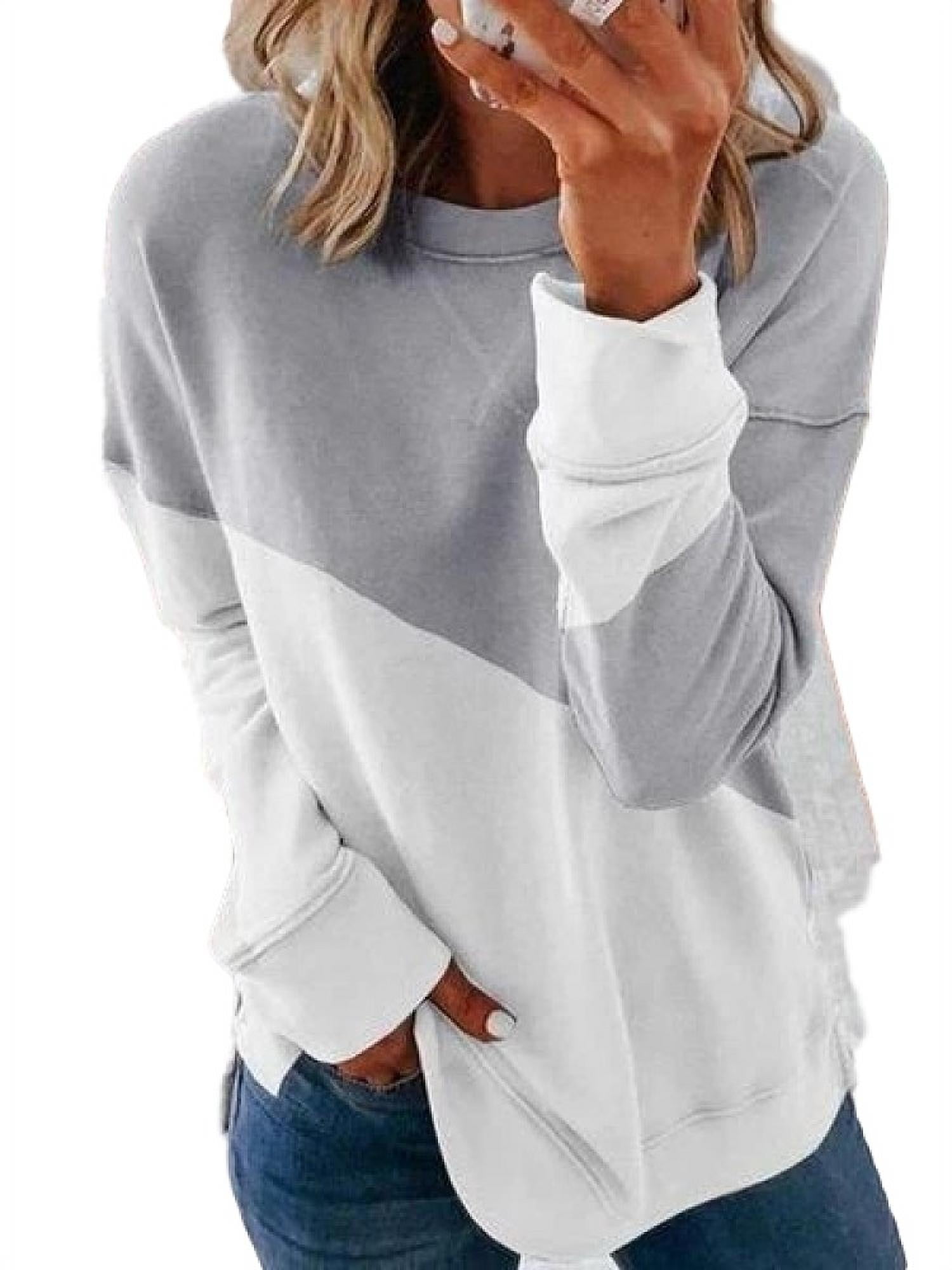S-2XL Biucly Womens Casual Loose Color Block Long Sleeve Solid Crew Neck Soft Pullovers Blouses Sweatshirt Shirt Tops 
