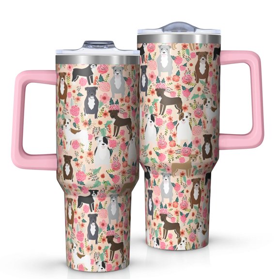 OBREWU Boston Terrier Dogs with Flowers Tumbler with Handle and Lid,Boston Terrier Dogs with Flowers 40oz Double Wall Vacuum Insulated Tumbler,Cups Gift for Women and Men