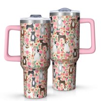 OBREWU Boston Terrier Dogs with Flowers Tumbler with Handle and Lid,Boston Terrier Dogs with Flowers 40oz Double Wall Vacuum Insulated Tumbler,Cups Gift for Women and Men