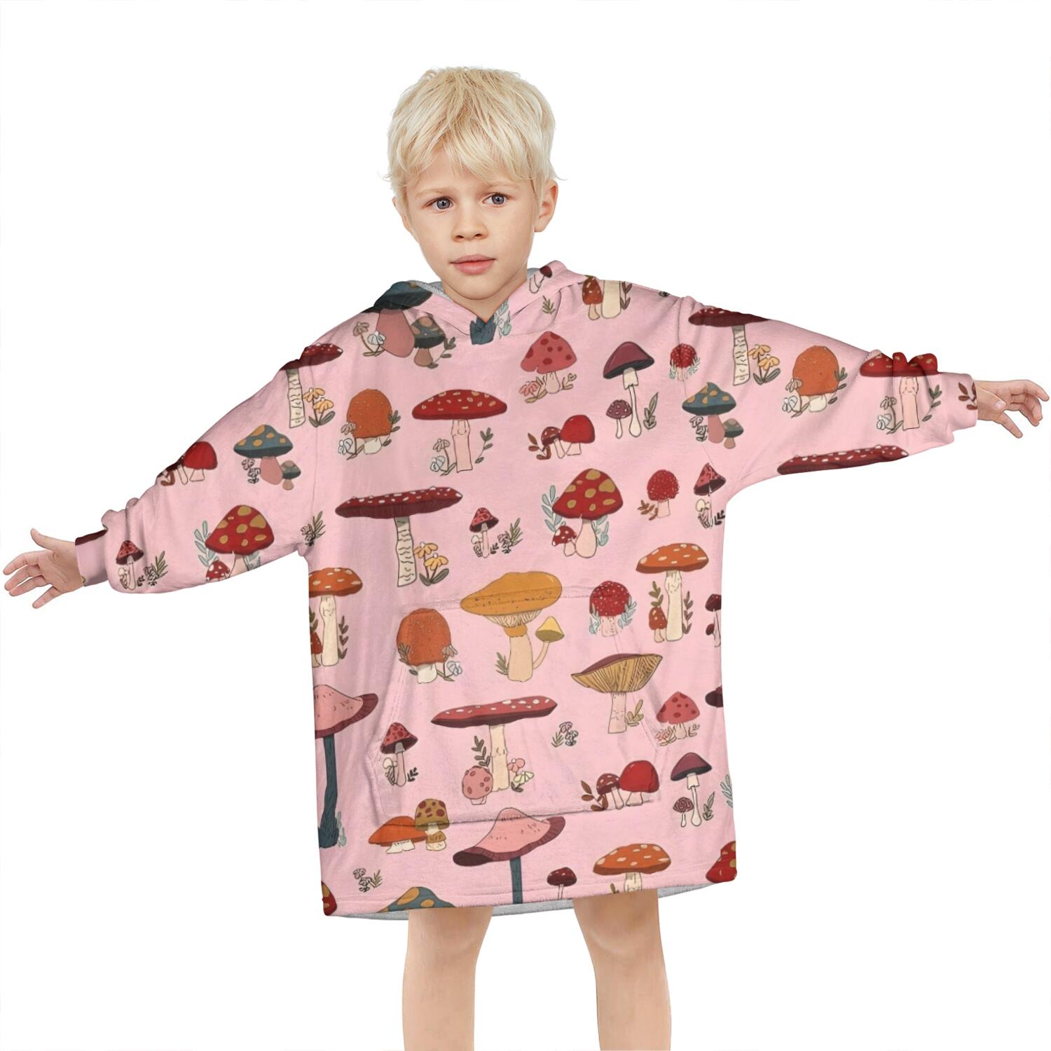 Colorful Mushroom Floral Pink Pattern Blanket Hoodies for Kids 6-13YR Oversize Wearable Blanket Hoodies for Boys Girls Teens