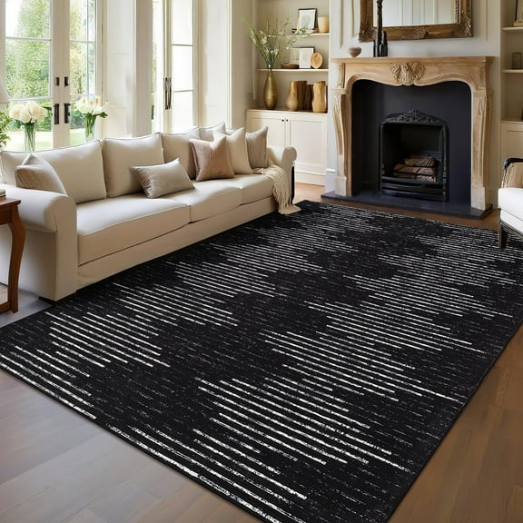 Garvee 5x7 Washable Area Rugs Modern Solid Rug, Non-Slip Striped Geometric Rug Stain-Resistant Contemporary Rug Carpet for Living Room Bedroom Dining Room, Black