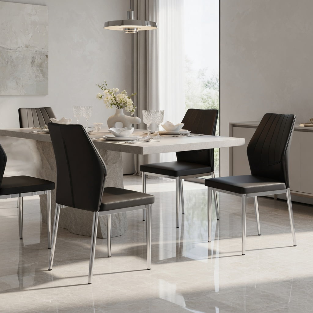 Hommoo Set of 4 Modern Dining Chairs, 37-inch Ergonomic PU Leather Chairs with Sturdy Metal Frame, Adjustable Non-Slip Feet, Easy Assembly, Black & Sliver