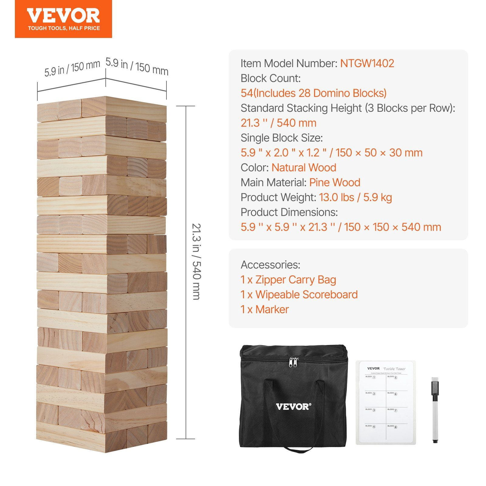 Tumbling Timber Toy 54 Blocks Large Tumble Tower Blocks Game Made from Premium Pine Wood with Zipper Carry Bag, Erasable Scoreboard and Marker Pen, Perfect for Indoor and Outdoor Family Fun and Party