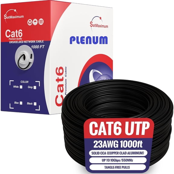 Cables Direct Online 1000FT CAT6 Plenum CMP Solid UTP Cable 550MHz Ethernet LAN 23AWG CCA (Copper Clad Aluminum) Bulk Pull Box, Black