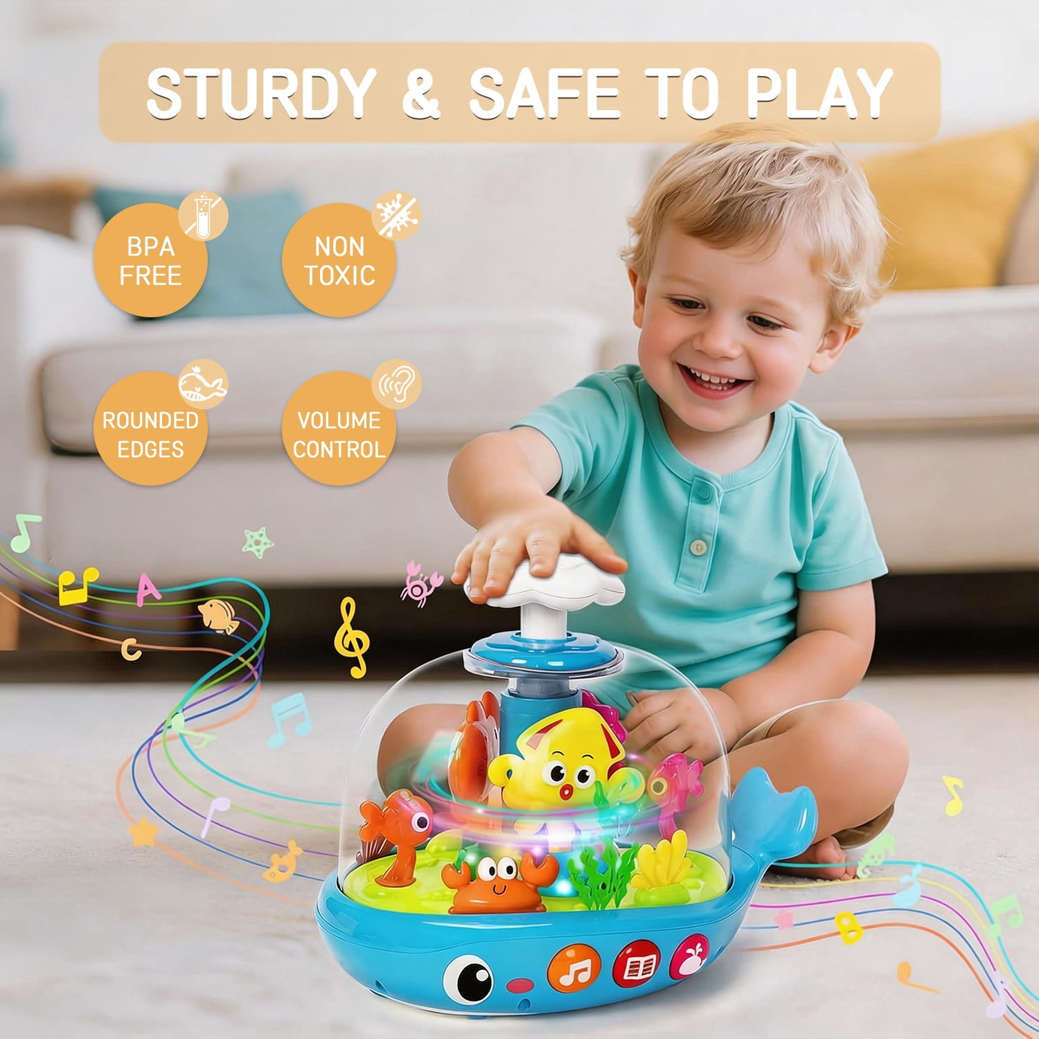 Aijohnny Baby Musical Aquarium Toy, Press to Glow & Spin Infant Toy, Newborn Gift for Kids 6-12 Months