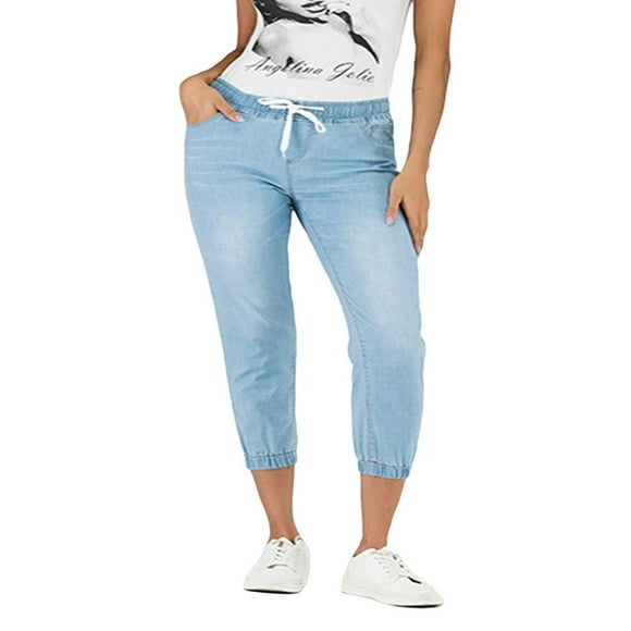 Women Plus Size Boyfriend Jeans Jogger Denim Pants Elastic Drawstring Mid Waisted Stretchy Trousers S-5XL