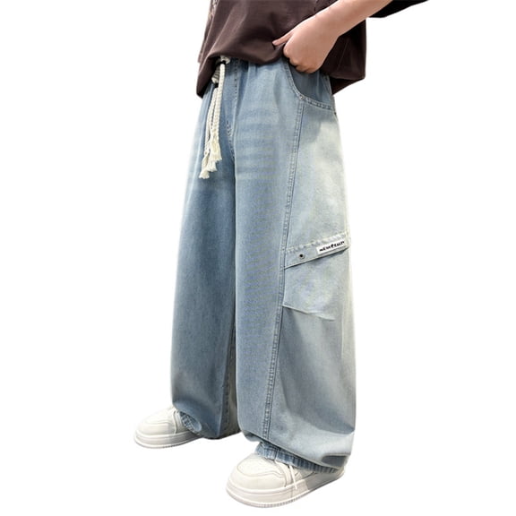 RMGVDSD Boys Baggy Jeans Wide Leg Denim Pants Loose Fit Elastic Waist Straight Leg Casual Denim Trousers Streetwear Lightweight Jeans For Kids School Wear 6-7 Years