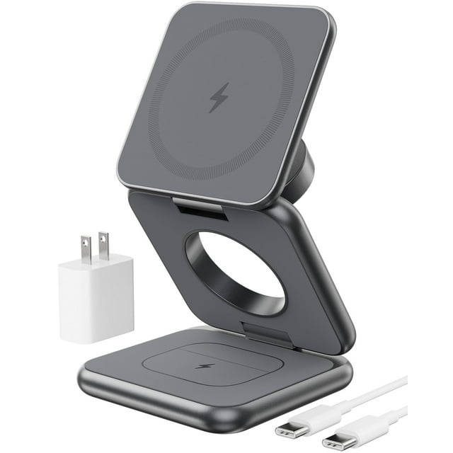 KU XIU Cargador Inalámbrico Magnético Plegable Aleación de Aluminio Estación de Carga 3 en 1 para Apple Soporte de Cargador Rápido Mag-Safe para iPhone 15 14 13 12 Pro/Max/Plus para AirPods 3/2/Pro 5W
