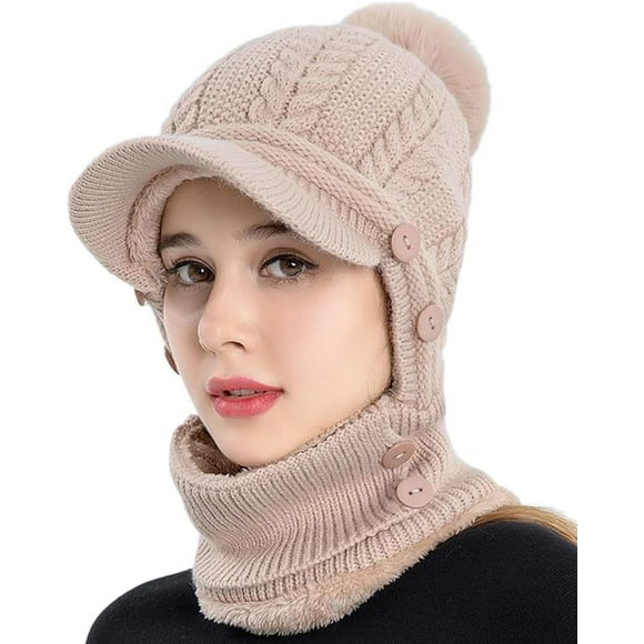 Kiibsot Women One Piece Slouchy Fleece Beanie Hats Scarf Mask Warm Winter Knitted Hat Thick Skull Ski Cap