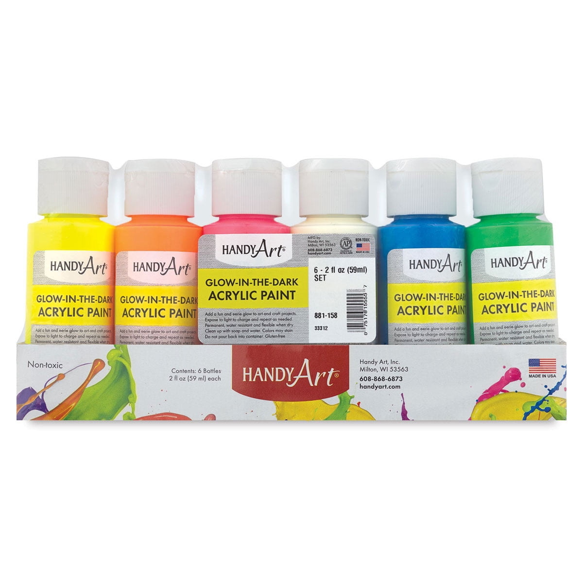 Handy Art Glow-in the Dark Acrylic Paint Set, 2 Ounce Bottles, Multiple Colors, Set of 6