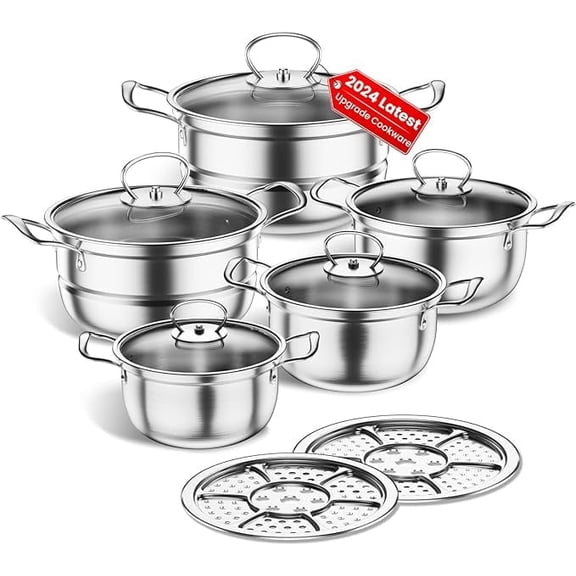 Puseky Stainless Steel Cookware Set, 12 Piece Kitchen Induction Cookware Set, Compatible with Induction/Electric and Gas Cooktops, Kitchen Cooking Set with Glass Lid (Silver Gray)
