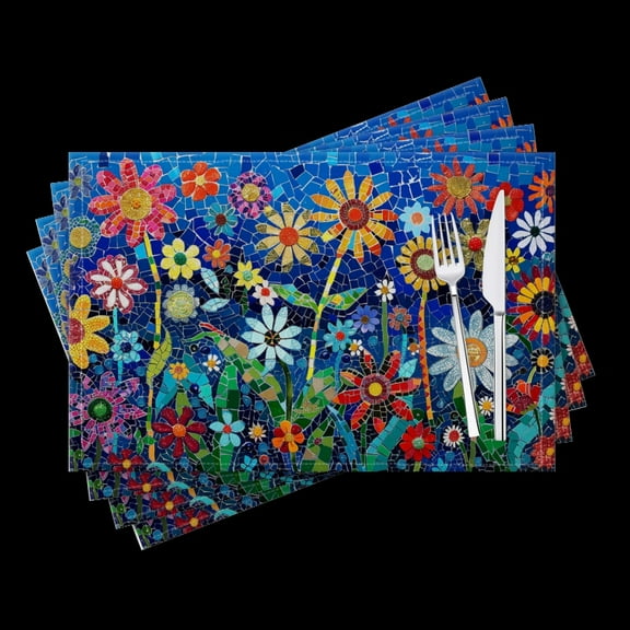 BaHomeck placemats Set of 4 Mosaic Artwork Of Vibrant Flowers Each Petal Different Color And Shape Cotton Linen rectangle Placemats for Kitchen Dining Table Indoor,Outdoor,18*12inch
