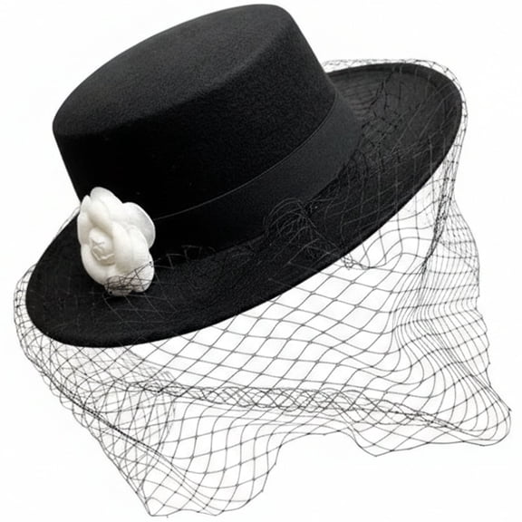 Vjnyvs French Style Veil Hat with Camellia Decor Flat Top Hat Tea Party Headwear for Wedding Funeral Cocktail Church Christmas