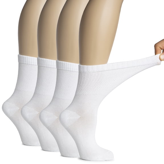 Hugh Ugoli Women's Bamboo Diabetic Crew Socks, Thin Loose-Fit, Seamless Toe, 4 Pairs, White, Shoe Size 6-9